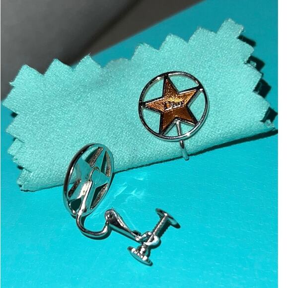 Christian DIOR Star Logo Silver Tone with Gold Tone Clip On Earrings Authentic - Picture 6 of 9